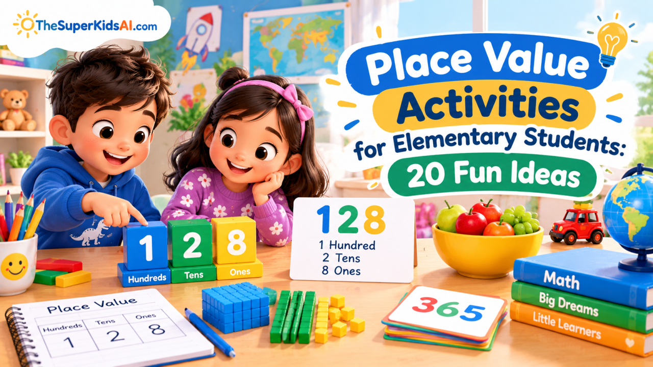 Elementary students learning place value with base ten blocks, number cards, and expanded form activities