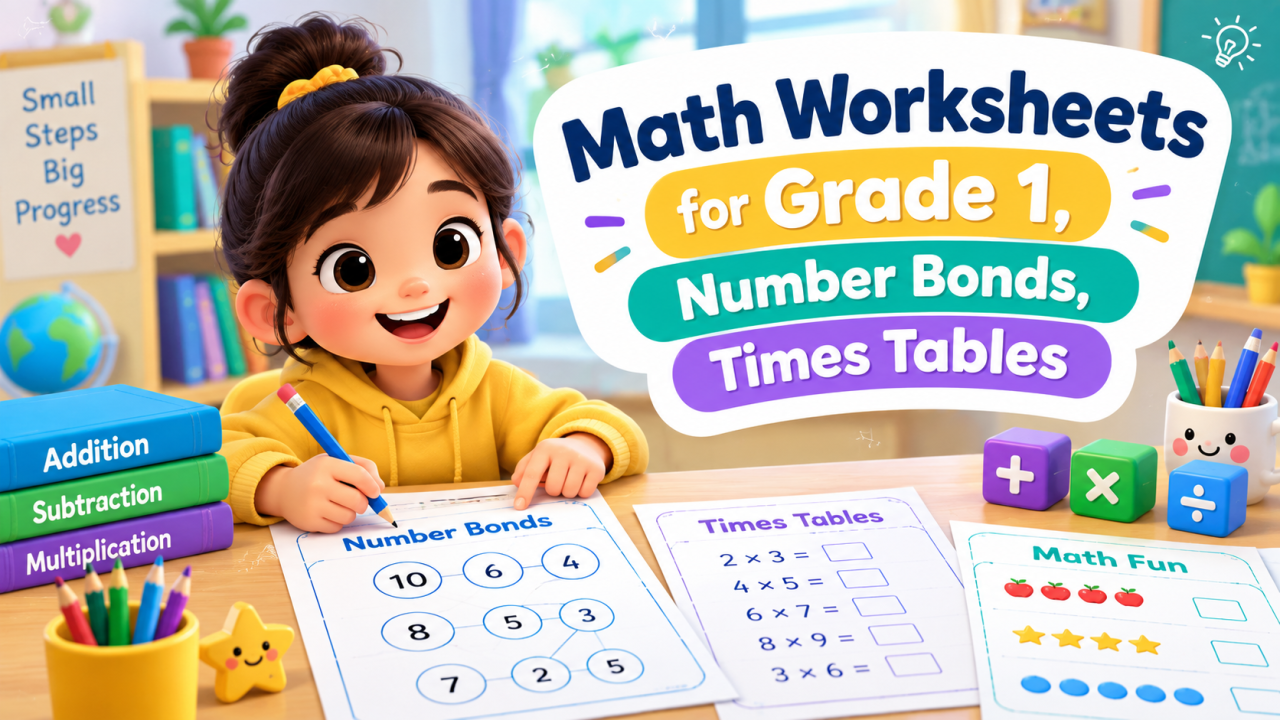Math worksheets for Grade 1 with number bonds and times tables practice