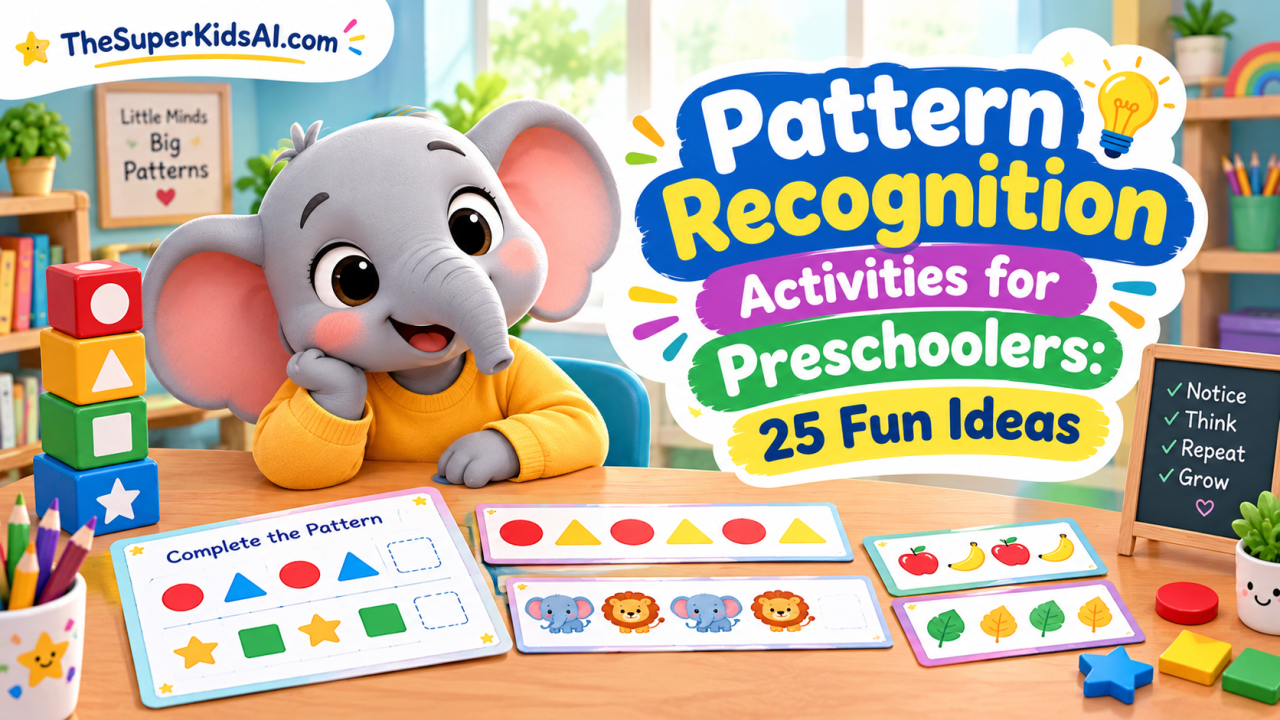 Preschool children learning patterns with colorful blocks, shapes, and objects during a fun hands-on activity