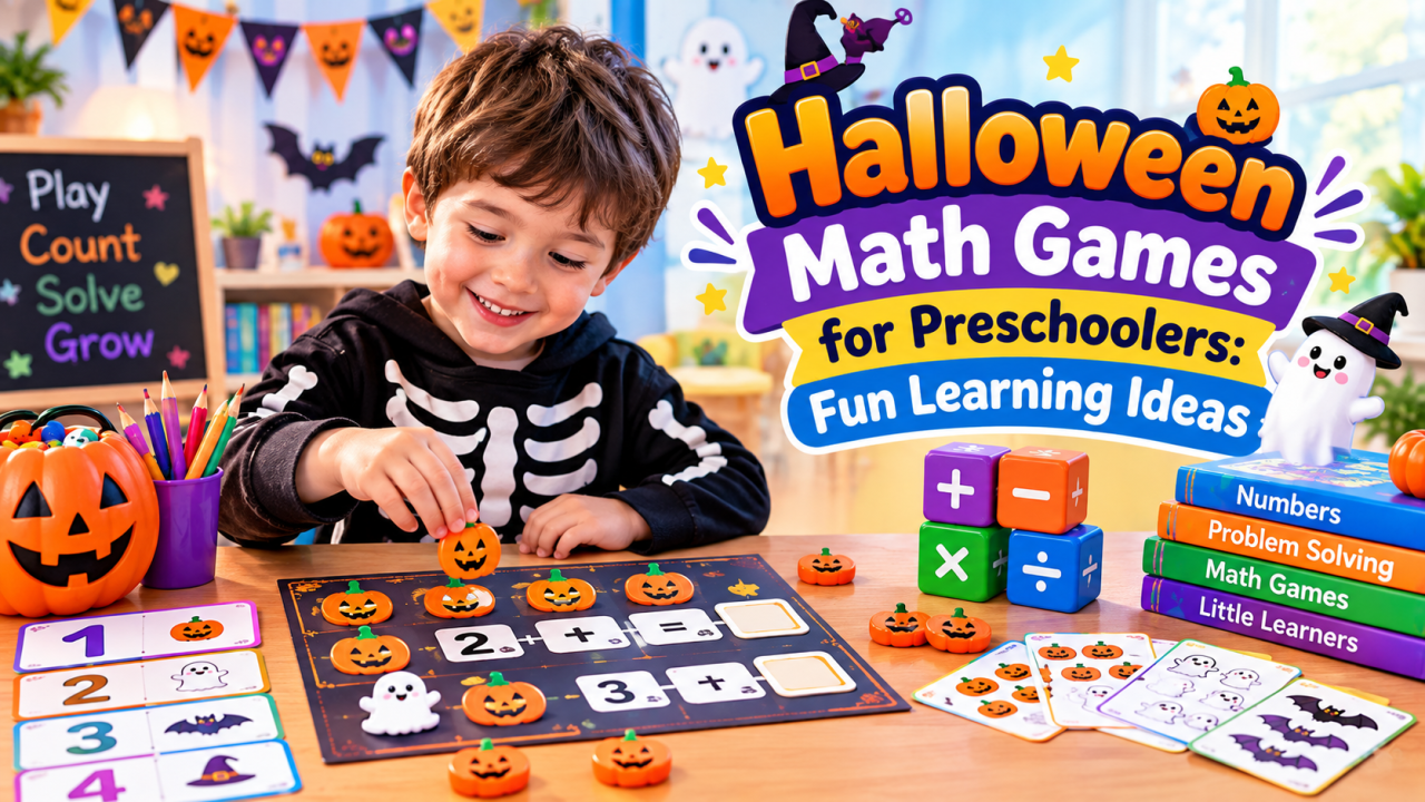 Preschool children playing Halloween math games with pumpkins and number cards