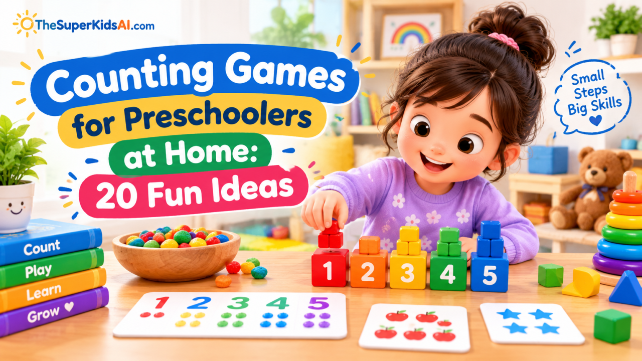Preschool child playing counting games at home with colorful blocks, toys, and number cards