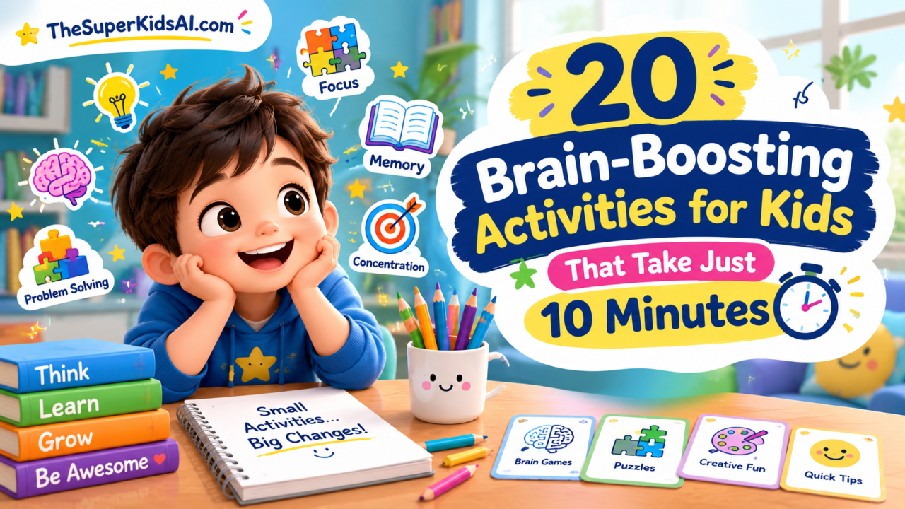 Kids enjoying brain-boosting activities with puzzles, memory games, and creative learning challenges